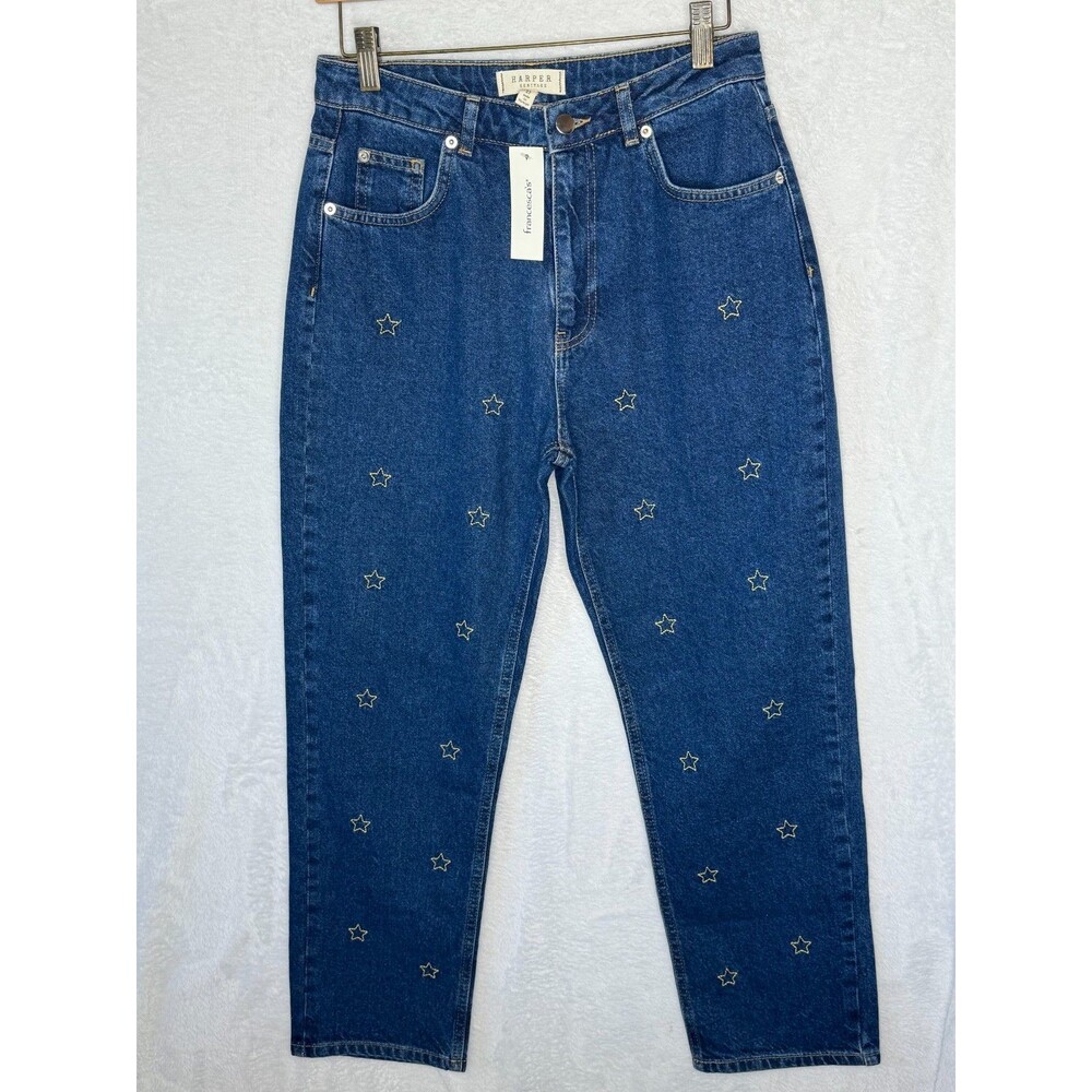 Harper Heritage Yellow Stars In Front Mom Jeans High Waisted Straight Leg Sz 27